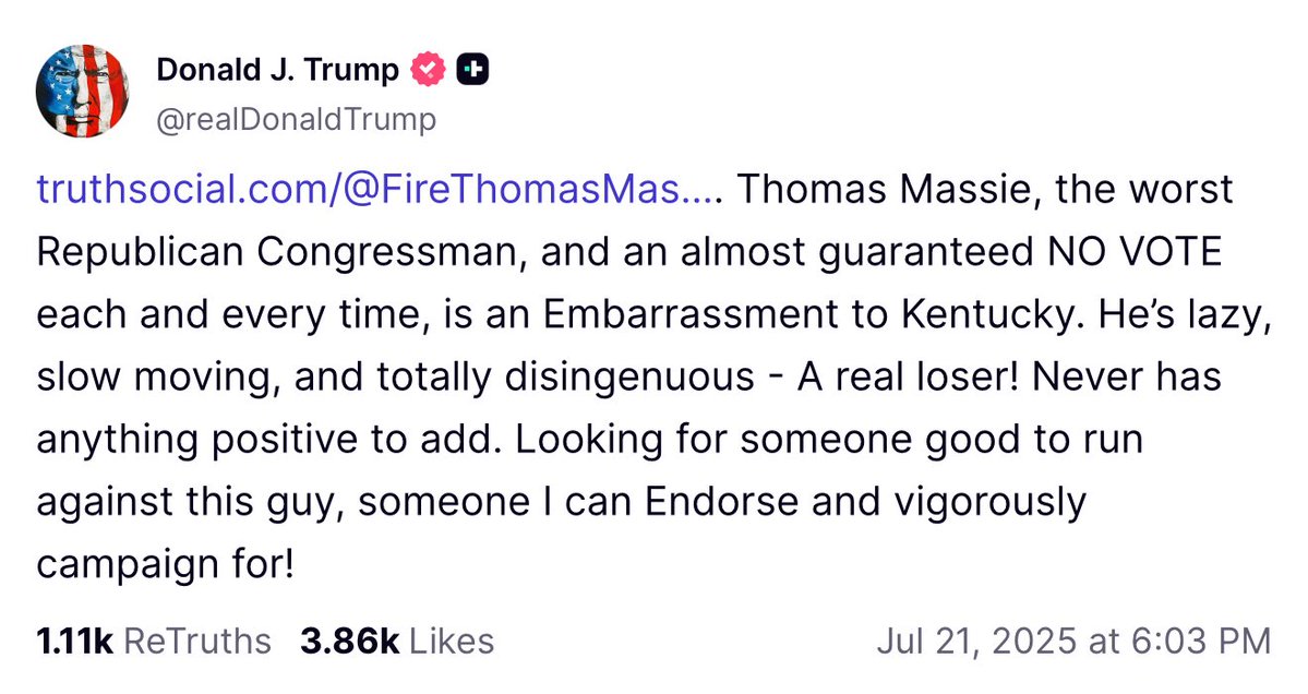 MeidasTouch's tweet image. Trump is attacking Massie because Massie is pushing to release the Epstein files, once again revealing just how terrified Trump is of what those files might contain.