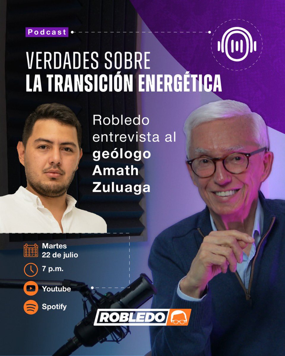 Nuevo episodio | Podcast
Mañana martes 22 de julio a las 7pm 
VERDADES SOBRE LA TRANSICIÓN ENERGÉTICA 
Entrevisto al geólogo Amath Zuluaga sobre transición energética y cambio climático. 
Cordial invitación