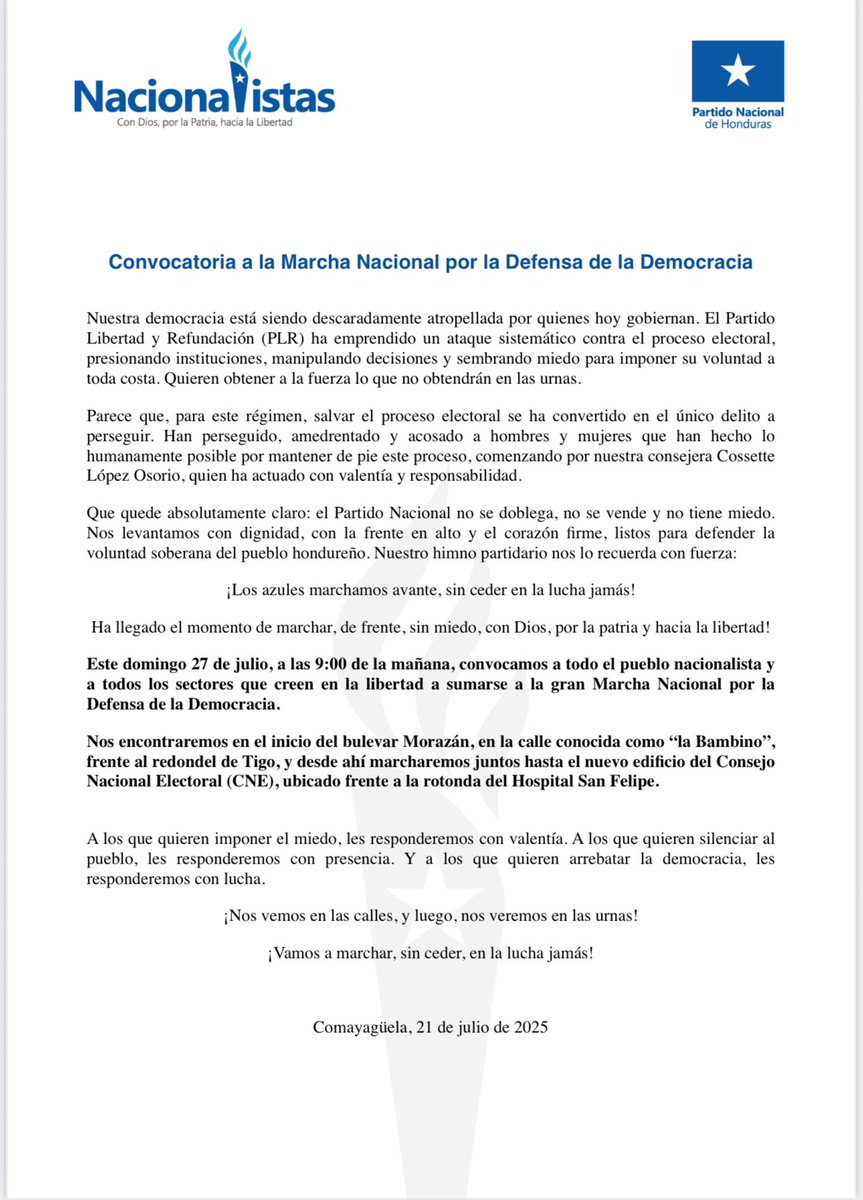 PNH_oficial's tweet photo. El PNH convoca a la Marcha Nacional por la Defensa de la Democracia este domingo 27 de julio.
Frente a los ataques sistemáticos de PLR, respondemos con dignidad, sin miedo y con la convicción de que la voluntad del pueblo se defiende en las calles y se ratifica en las urnas. https://t.co/15YbjiIRAi