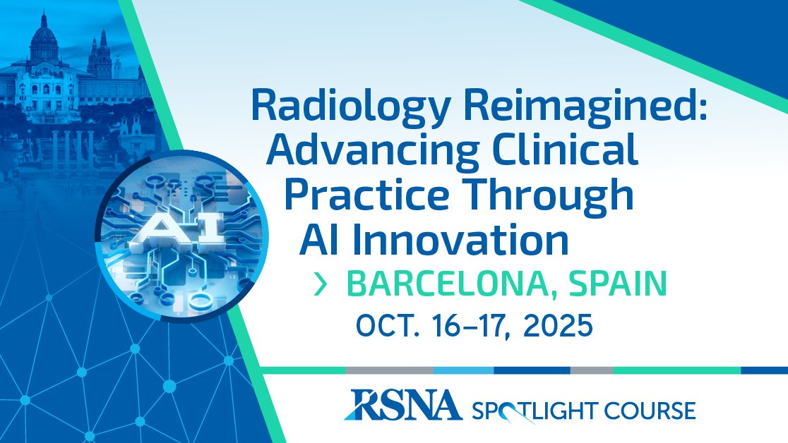 RSNA's tweet image. AI adoption is rapidly evolving without established best practices. Join us Oct. 16-17 for an #RSNASpotlightCourse, in Barcelona, Spain, to get a clear framework for evaluating & deploying AI. bit.ly/44X9AtR