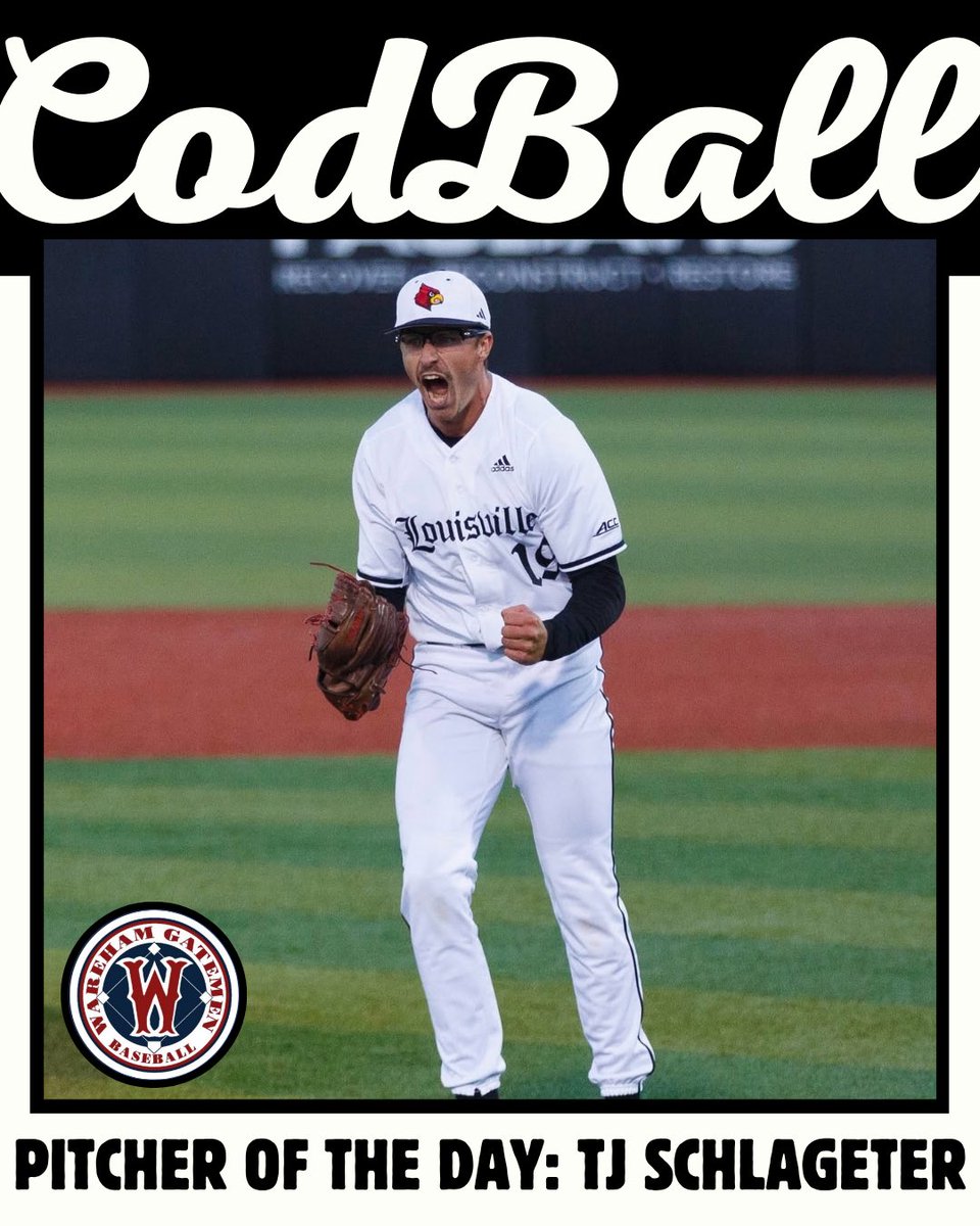 codball's tweet image. The CodBall Pitcher of the Day is TJ Schlageter (@LouisvilleBSB)
TJ struck out 6 while allowing no hits and no runs in just 2.1 innings of work for the @WarehamGatemen