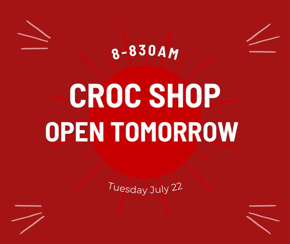 First croc shop day of the new school year tomorrow!! Please send small bills and coins for your kiddos to shop…pencils, erasers, fidget toys, and more! 🐊

Ps - reminder to go to home room FIRST!