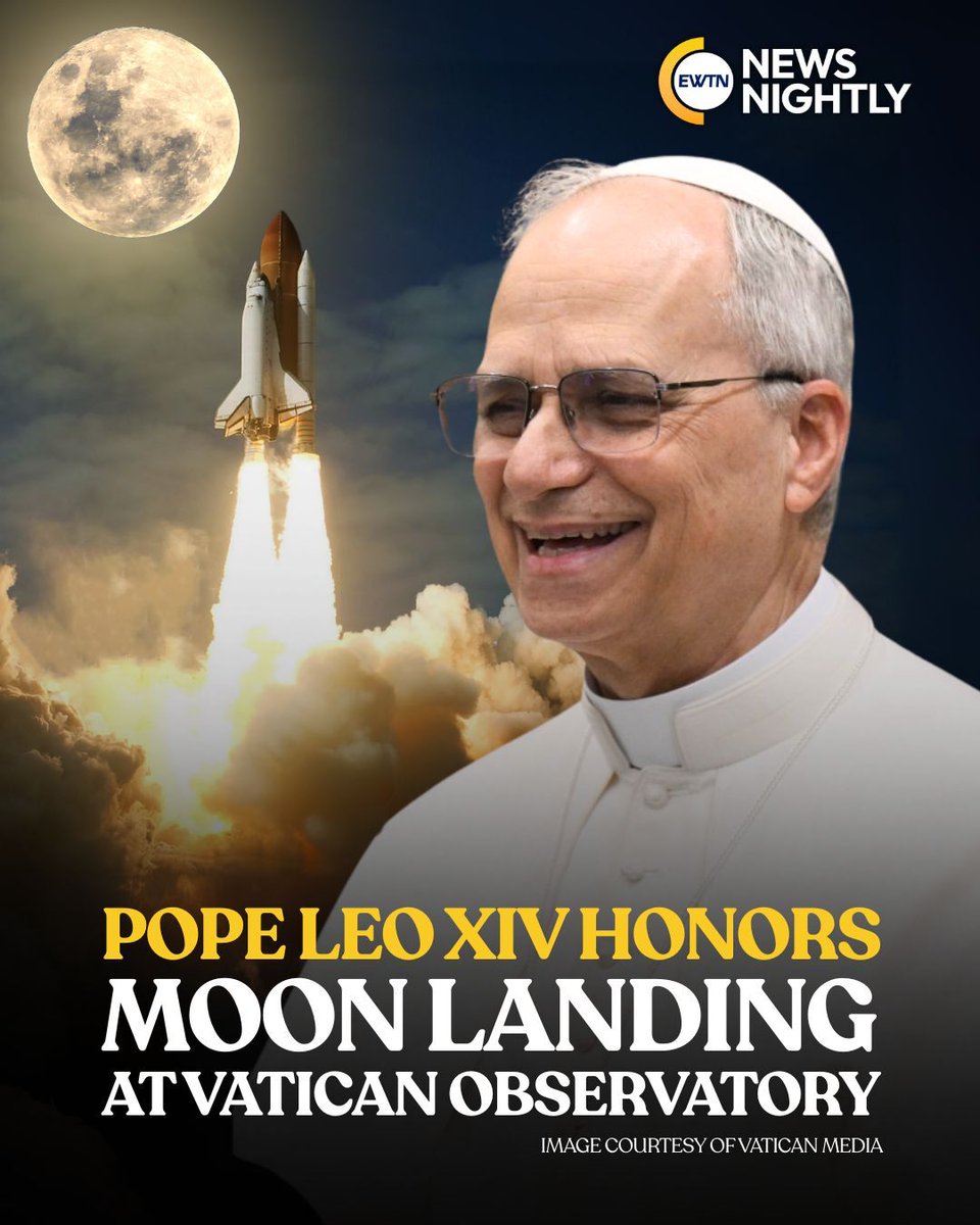 EWTNNewsNightly's tweet image. In the late afternoon on Sunday, Pope Leo paid a visit to the Vatican Observatory for the fifty-sixth anniversary of the historic Apollo 11 moon landing. He spoke with astronaut Buzz Aldrin, who was on that mission and the second man to walk on the moon. The pair reflected on the…