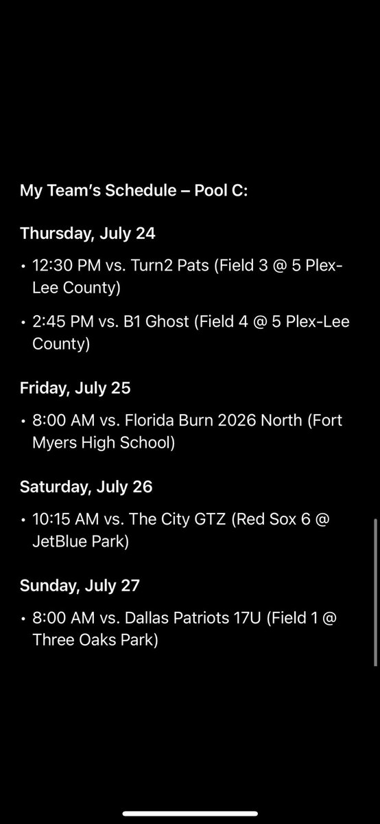 Excited for my teams last tournament of the summer! We will be playing in the PG 17u BCS National Championship in Fort Myers, FL. Here is our pool play schedule: