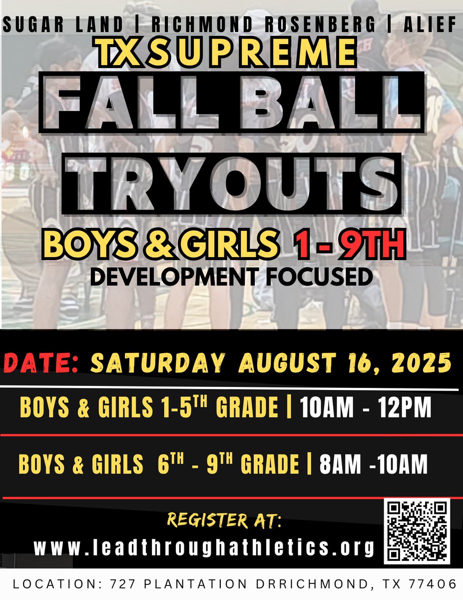 Fall Ball Tryouts Are Here!
🏀 K–5th Grade: In-House Academy League + Skill Training
🏀 6th–8th Grade: School Ball Prep + Skill Development
Don't miss out—register today at leadthroughathletics.org!
 See you on the court! 🔥 <a href="/FBISDAthletics/">Fort Bend ISD Athletics</a>