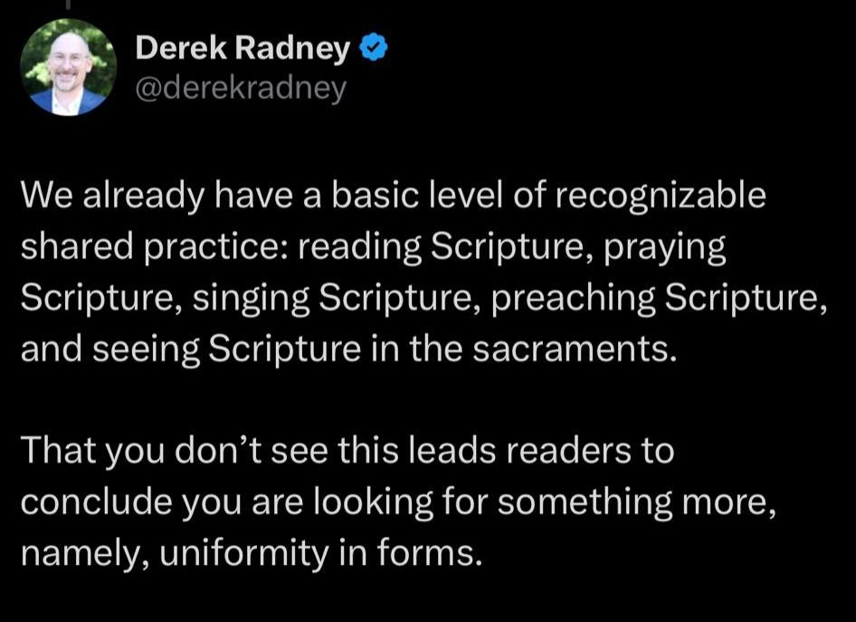 GeorgeSayour's tweet image. Every Evangelical Denomination & NonDenom would say this.
That he can't see this leads readers to conclude he either doesn't know what distinctly reformed worship is or does not want to be limited by it.