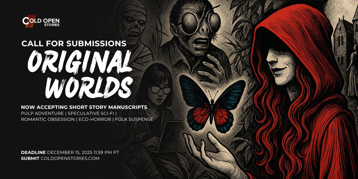 ColdOpenStories's tweet image. Our *Original Worlds* call is now open! We’re seeking stories that blend genres, haunt with character, and cut deep emotionally.

Deadline: December 15, 2025
Share your voice. Shape the worlds. 
coldopenstories.com/write/
