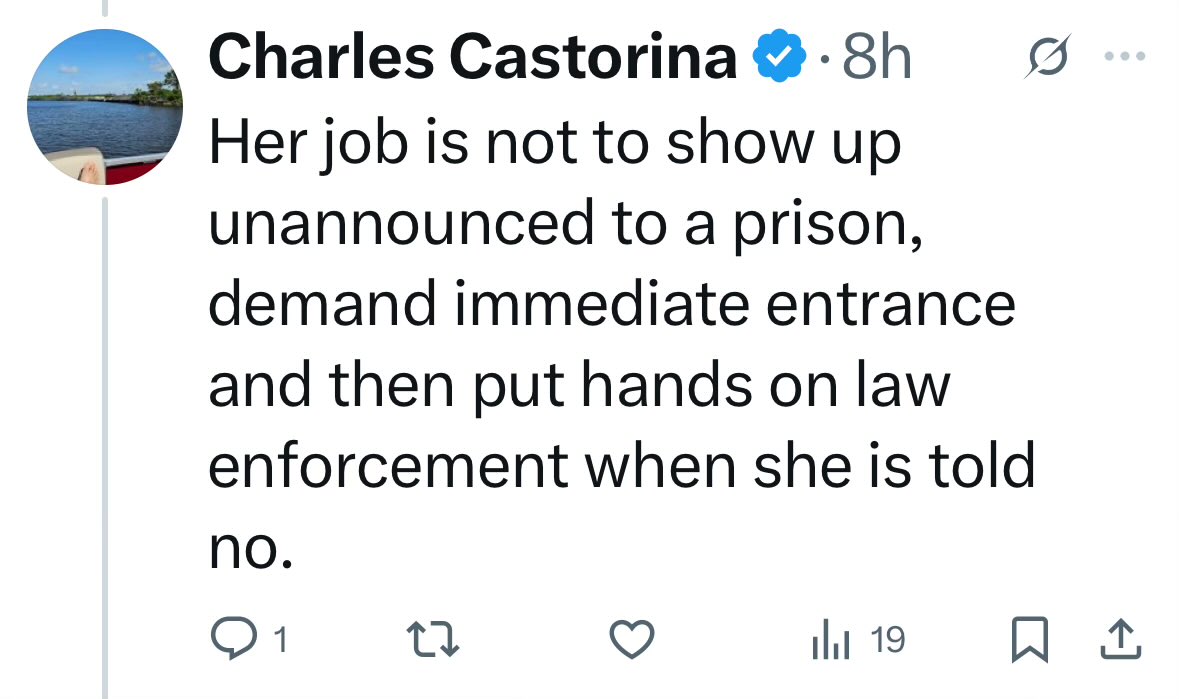 LMplusG's tweet image. Rep McIver’s job is EXACTLY to “show up unannounced” to inspect prisons and detention centers in her district. She was not told no, and she never put her hands on anyone.