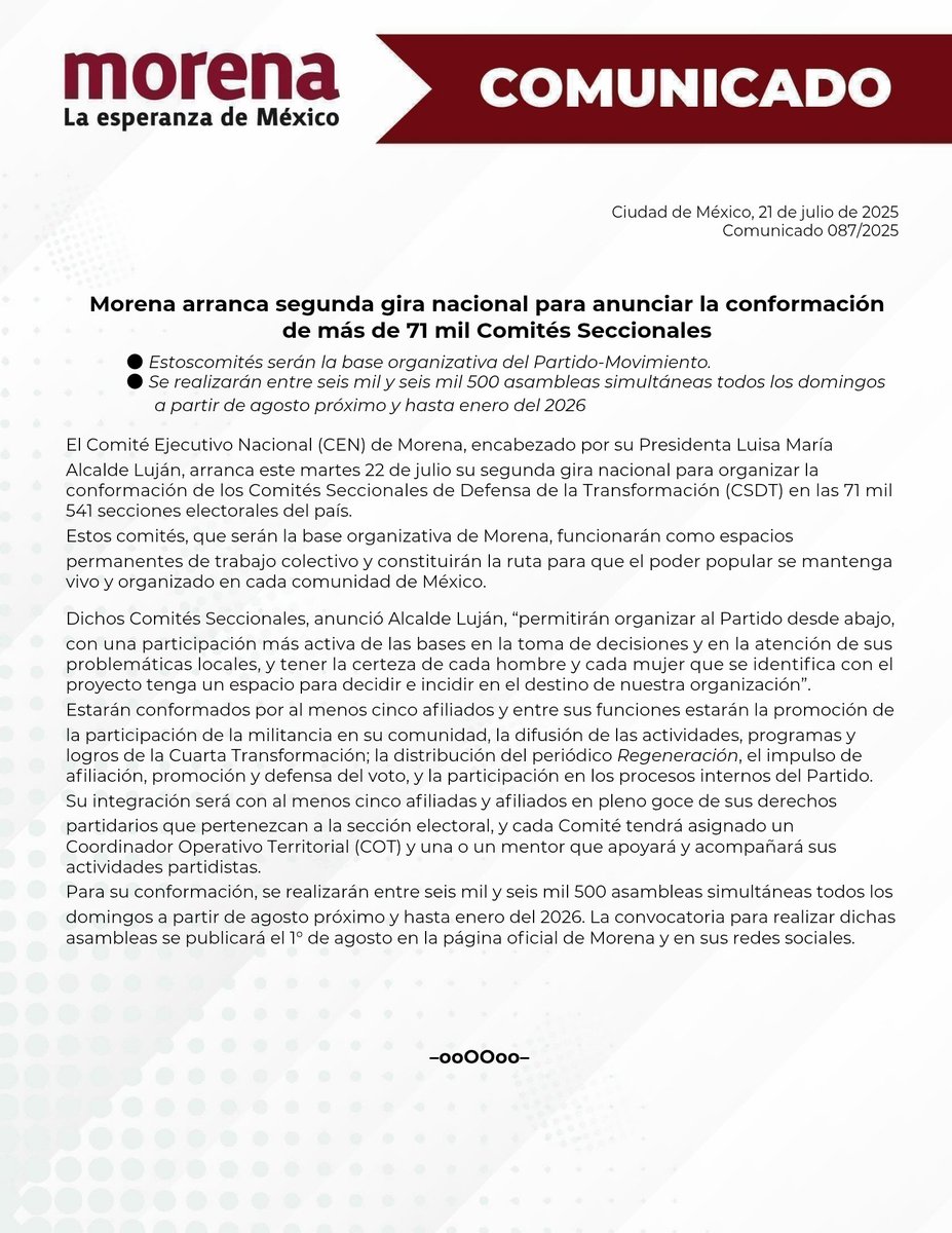 SRIACOMUMORENA's tweet image. 🟣 Morena inicia su 2ª gira nacional para conformar +71 mil Comités Seccionales en todo el país.
📅 Se realizarán hasta 6,500 asambleas cada domingo desde agosto de 2025 a enero de 2026.
💪 Organización desde abajo, con el pueblo.
#Morena #LaTransformaciónSigue