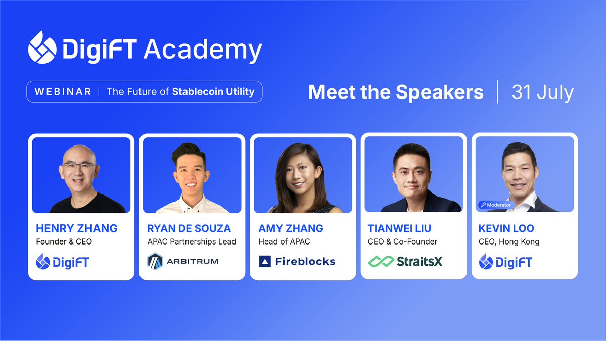 DigiFTTech's tweet image. What do @arbitrum, @FireblocksHQ, @StraitsX, and @DigiFTTech have in common? Weโre shaping the next phase of stablecoin utilityโwhere regulated, institutional-grade yield meets Web3-native infrastructure.
๐ฃ Meet the speakers joining us at upcoming webinarโ๐๐ถ๐ด๐ถ๐๐งโฆ