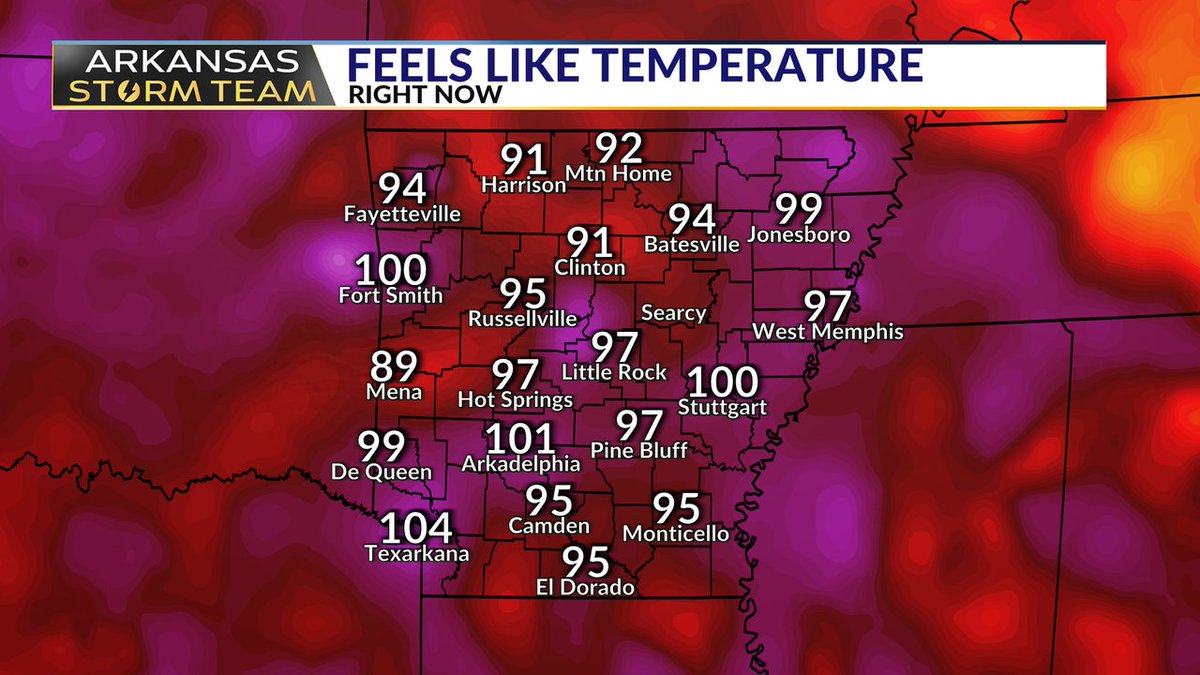 ToddYakoubian's tweet image. Still triple digit heat index temperatures in a few spots just before 9PM. #ARWX #ARStormTeam