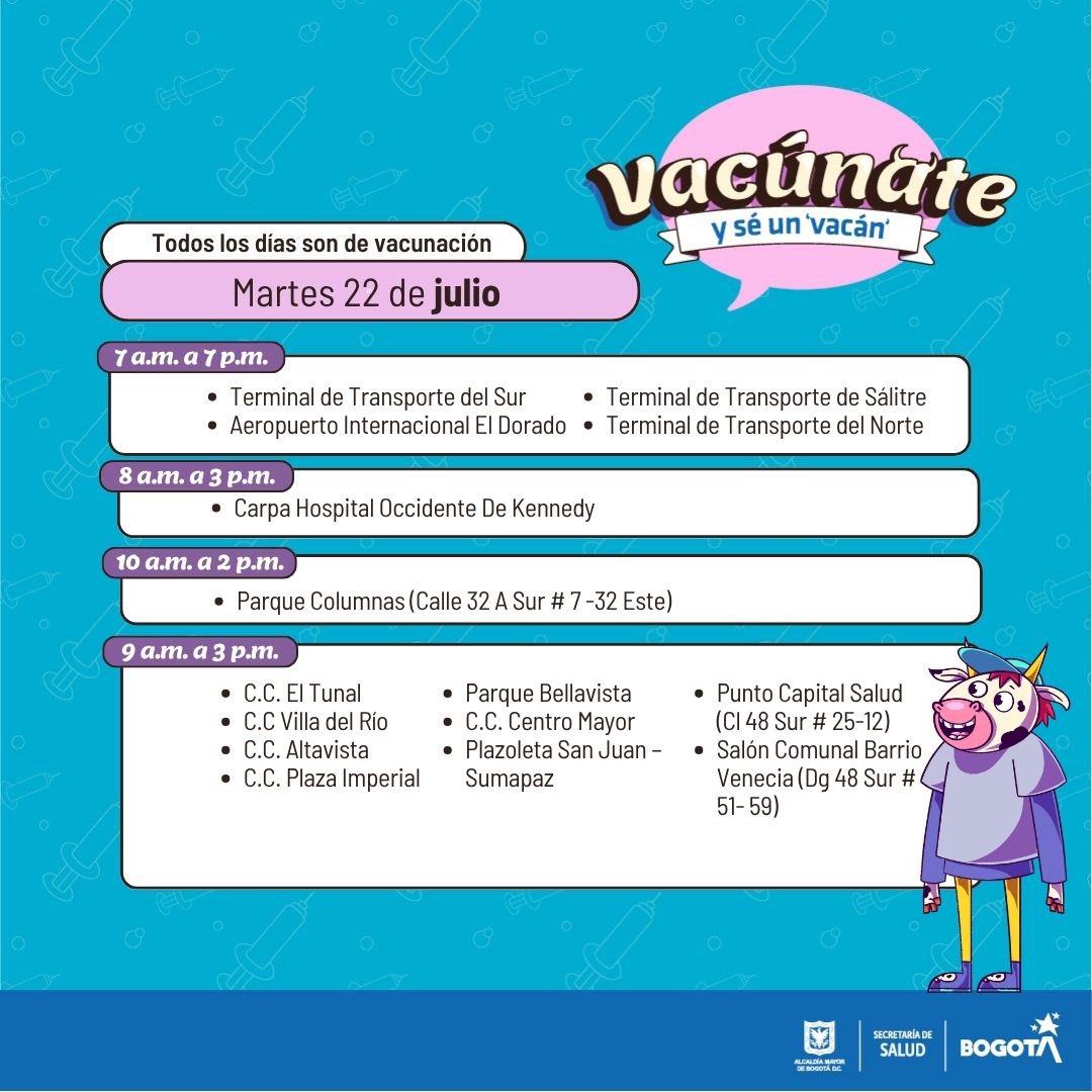 #AquíSíPasa ¡Ponte al día con las vacunas!

Aquí los puntos habilitados este martes 22 de julio👉bit.ly/4lkn21G

🟡 🟡👀 #Atentos: la vacunación para viajeros (fiebre amarilla💉) está concentrada en 24 puntos. Conócelos en el siguiente enlace: saludcapital.gov.co/Documents/Home…