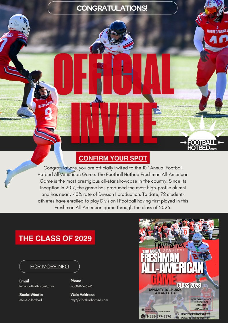 peytonjohns2029's tweet image. Honored that I've been invited to the Hotbed Freshman All-American Game. Thanks to @FootballHotbed for the opportunity!
@5StarScouting @PrepRedzoneOK @Brandon_Odoi @Future4QB @NHSRaidersFB @RecruitNavarre @CoachGBagley @CoachBenji @C_Dukes11 @MardieWilson @QBHitList