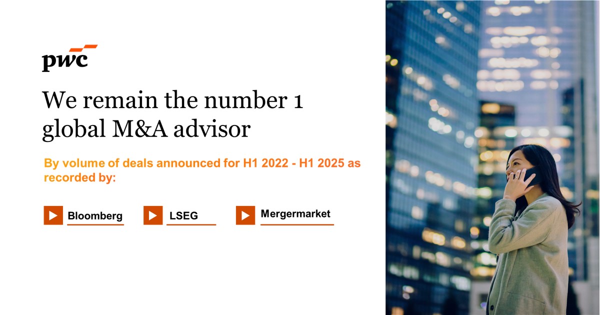 PwC_Philippines's tweet image. Our corporate finance team has been ranked the global number one M&amp;amp;A Advisor by Volume for H1 2025 according to Mergermarket, LSEG and Bloomberg. 🎉​

#PwCDeals #PwCCorporateFinance