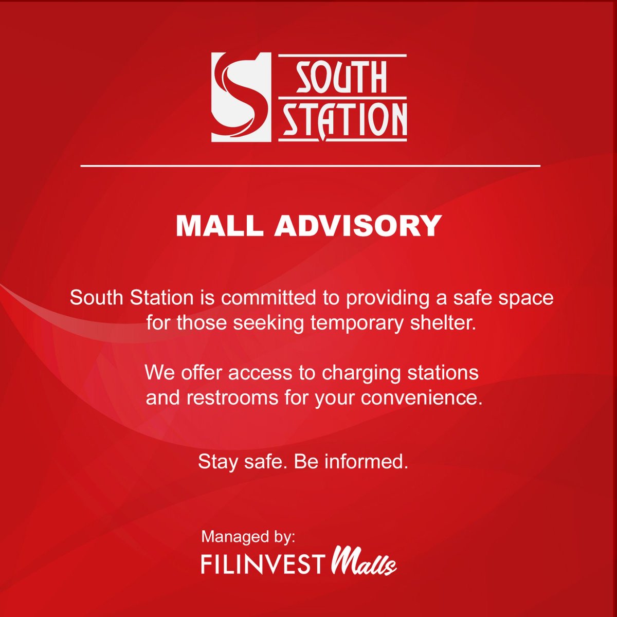 SOUTH HACK: ALABANG MALLS offering TEMPORARY SHELTER for those affected by the heavy rains. 

Stay safe and dry, Southies!☔️🙏🏽 

#SouthAlerts
