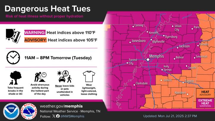 memphisweather1's tweet image. Tonight will bring clear skies and lows dropping into the upper 70s. Once again, an extreme heat warning is in effect for tomorrow until 8pm. Highs will be in the mid to upper 90s, with heat indices nearing 110°. Stay hydrated and remain cool if outdoors for extended periods./AO