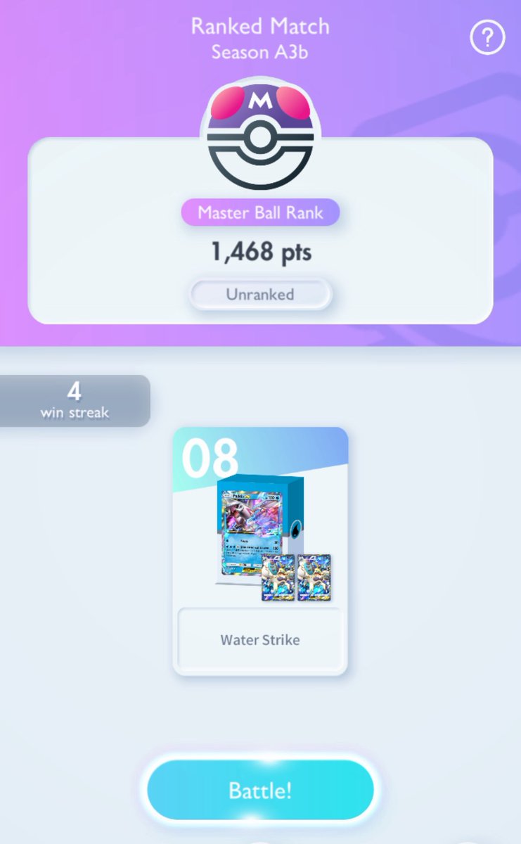 _dojomo's tweet image. Finally reached master ball! This was fun, but exhausting. This deck got me a few win streaks, especially with Charizard and Incineroar everywhere. Could sometimes get an early win if I start with Palkia + Misty turn 1 #PokemonTCGPocket