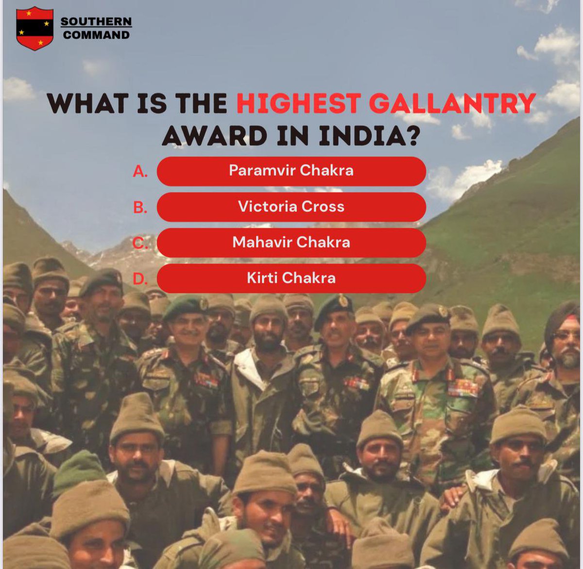 IaSouthern's tweet image. #KargilVijayDiwas2025 #WarriorsOfKargil
𝐊𝐚𝐫𝐠𝐢𝐥 𝐕𝐢𝐣𝐚𝐲 𝐃𝐢𝐰𝐚𝐬 𝐐𝐮𝐢𝐳 𝐂𝐡𝐚𝐥𝐥𝐞𝐧𝐠𝐞
Are you a true patriot? Prove it!
Dive into the pages of history and test your knowledge about India's triumph in the #KargilWar.
Answer the questions, relive the…