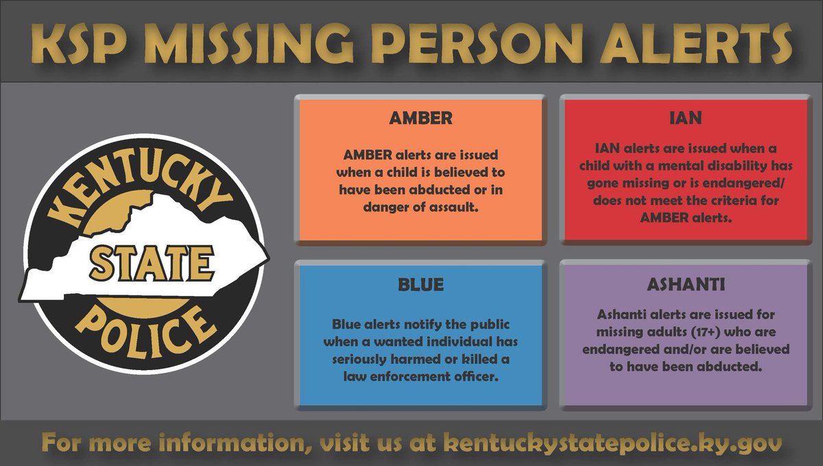 Kentucky State Police uses several types of alerts, including Amber, Ian, Blue, and Ashanti, to help locate missing individuals as quickly as possible.

These alerts are authorized under state law and provide critical, time-sensitive information to the public.