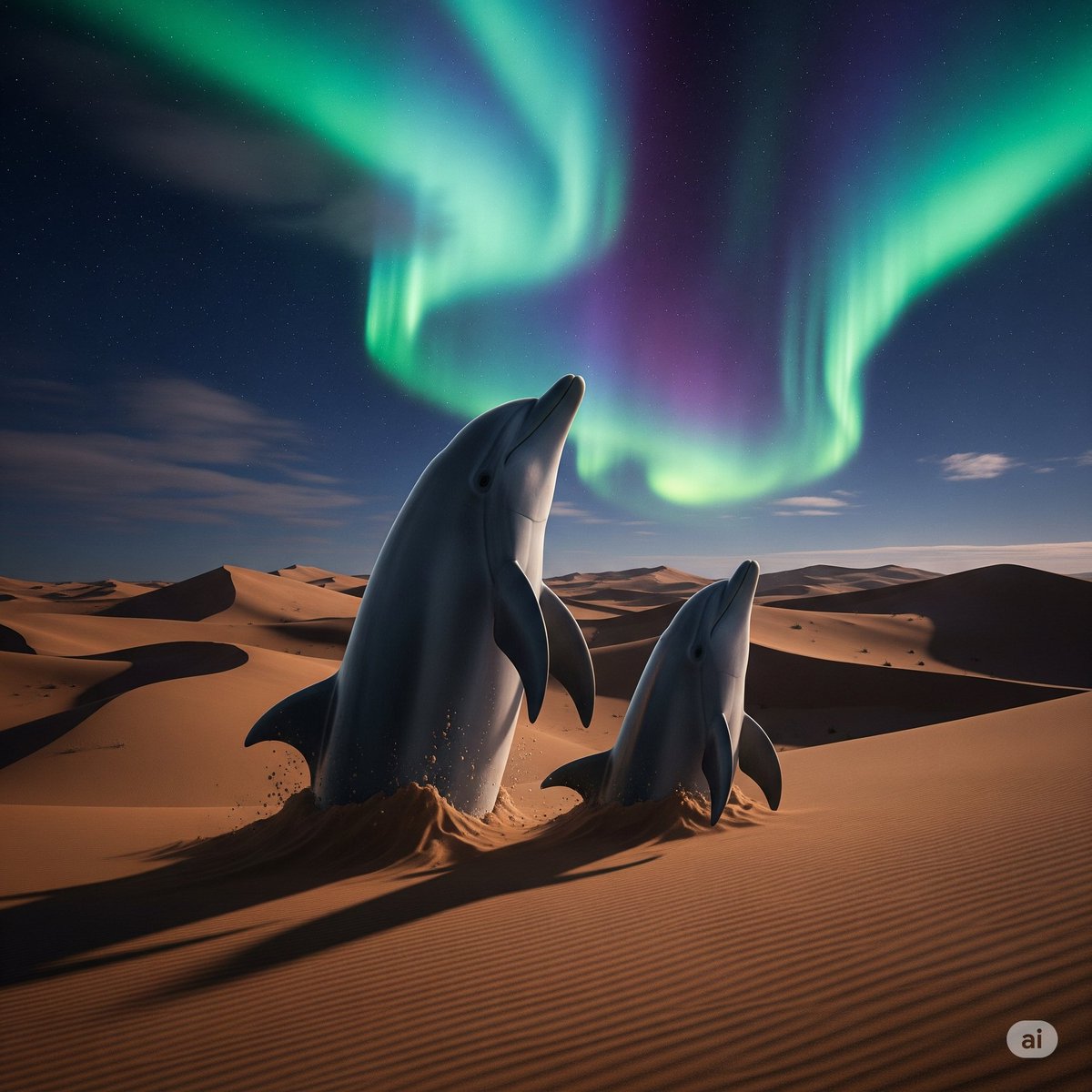 砂漠のオーロラを見上げるイルカの親子🐬（そんなのいるか？😳）
#撮るのムリでしょ