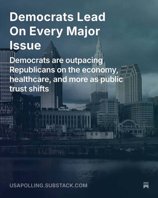 USA_Polling's tweet image. "Who do you trust more to handle education?"
🔵 Democrats: 54%
🔴 Republicans: 42%
Poll and Model Here -> usapolling.substack.com/p/democrats-le…