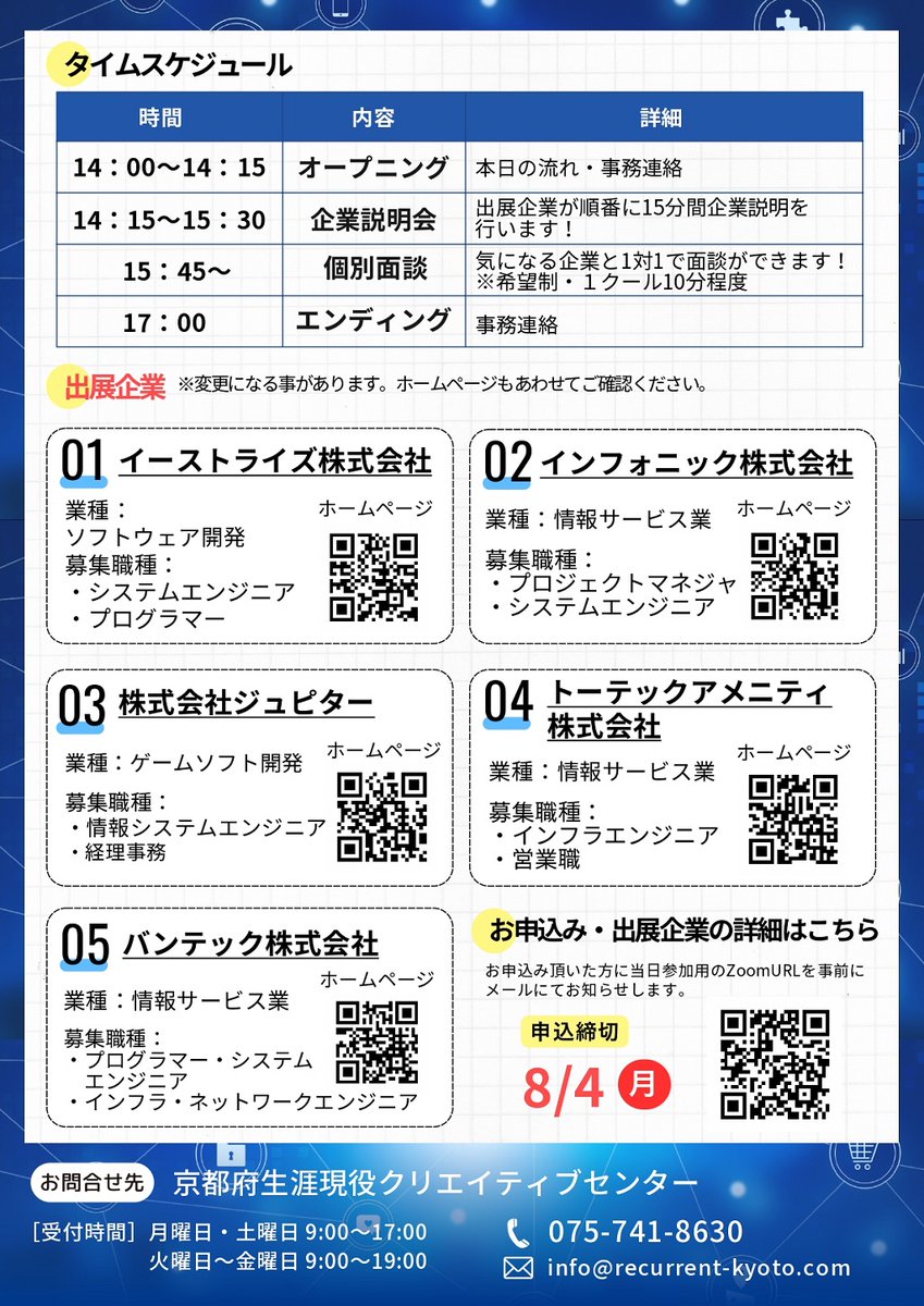 KyotoPrefPR's tweet image. /
就職・転職を考えている方へ!
マッチングイベント参加者募集中✨
\
営業・事務・エンジニア系の求人企業が出展します♪
参加無料&オンライン開催だから、気軽に参加OK☺️
✅日程:8/6(水) 14:00~17:00
詳細⏬
recurrent-kyoto.com/news/4413/