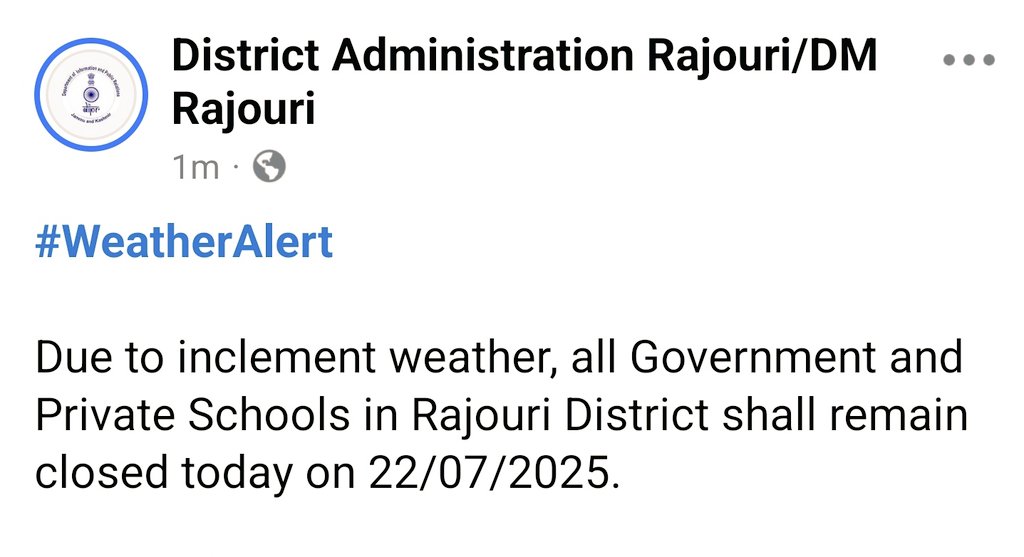 Information and PR , Rajouri (@diorajouri) on Twitter photo #WeatherAlert
In view of adverse weather conditions, all Government and Private Schools in Rajouri District will remain closed today.
<a href="/diprjk/">Information & PR, J&K</a> <a href="/dmrajouri/">District Admn Rajouri</a>
<a href="/CeoRajouri/">CEO Office Rajouri</a> #WeatherAlert
In view of adverse weather conditions, all Government and Private Schools in Rajouri District will remain closed today.
<a href="/diprjk/">Information & PR, J&K</a> <a href="/dmrajouri/">District Admn Rajouri</a>
<a href="/CeoRajouri/">CEO Office Rajouri</a>