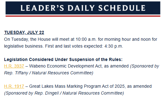 jamiedupree's tweet image. With no action by the Rules Committee because of the dustup over the Epstein Files, the House will only vote on two minor bills on Tuesday. (My bet is a similar schedule for Wednesday, and then everyone goes home until after Labor Day. Stay tuned.)