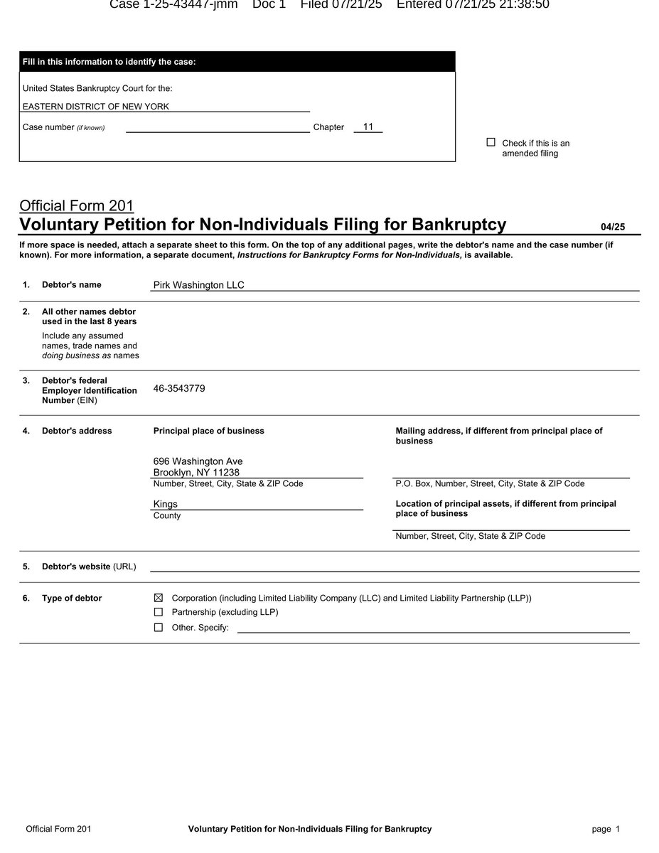 _RKConsultants's tweet image. Pirk Washington LLC Files Chapter 11 Bankruptcy
🚨 BANKRUPTCY FILING ALERT 🚨
PIRK WASHINGTON LLC
Chapter 11 - EASTERN DISTRICT OF NEW YORK
Filed: July 21, 2025
Case No. 25-43447
📊 Assets: $0-$50K | Liabilities: $100K-$500K | Total Creditors: 1-49 | Industry: Food Services…
