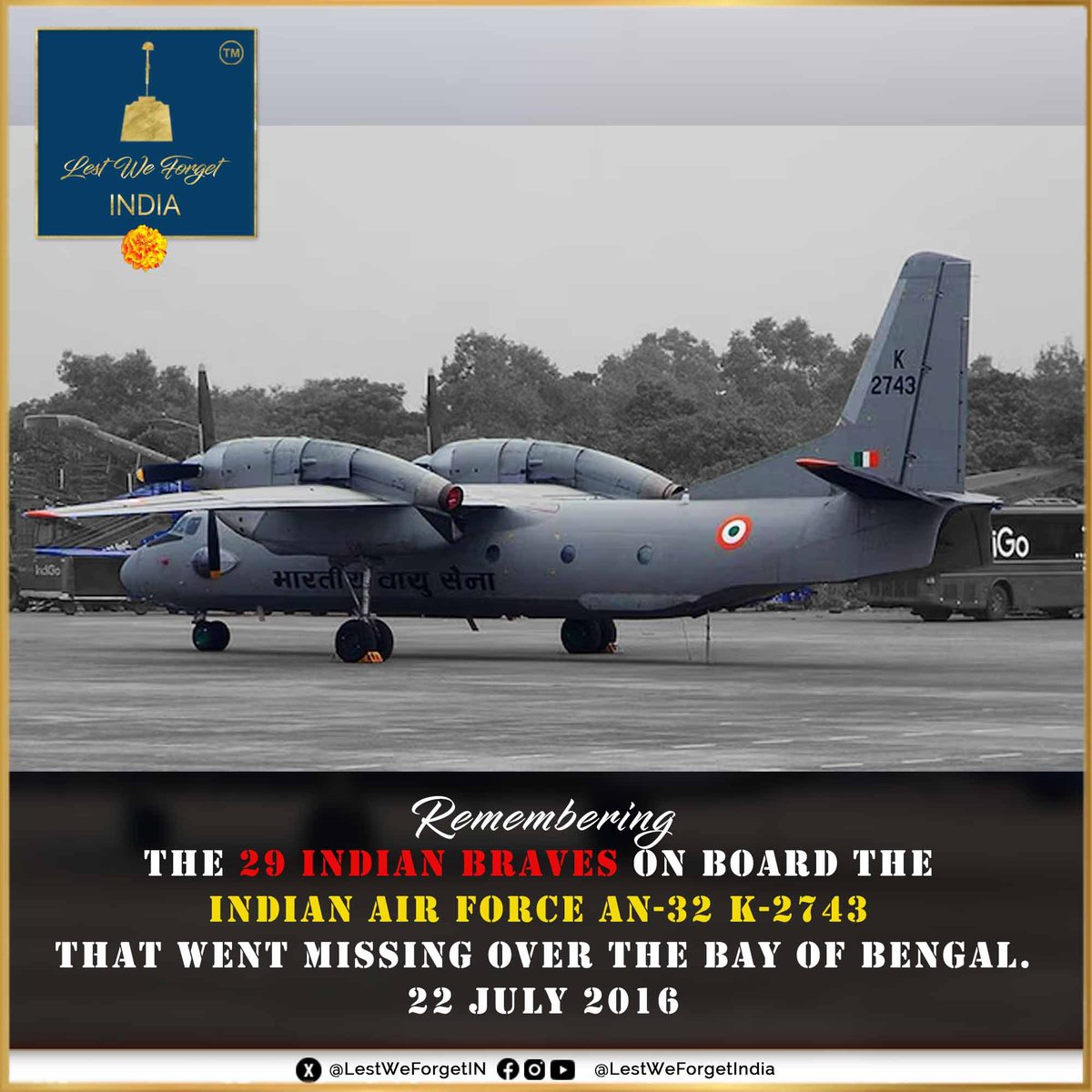 LestWeForgetIN's tweet image. NINE YEARS to date-

#LestWeForgetIndia🇮🇳 The TWENTY NINE #IndianBraves on board the #IAF An-32 (K-2743) aircraft went missing over the Bay of Bengal, #OnThisDay 22 July in 2016.

The aircraft was en route Tambaram, #Chennai to Port Blair, Andaman &amp;amp; Nicobar Islands

On 15…