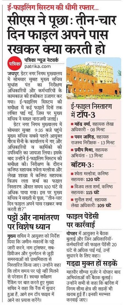 आठ मिनट में ई फाइल का निस्तारण करने वाले भी इसी <a href="/GreaterJaipur/">Nagar Nigam Greater Jaipur</a> में है और 120 घंटे वाले भी...उन्हीं से कल CS #सुधांश_पंत ने पूछ लिया कि तीन चार दिन फाइल का करते क्या हो?

<a href="/RajCMO/">CMO Rajasthan</a> 
<a href="/8PMnoCM/">राजस्थानी ट्वीट</a> 
<a href="/Rajsthanikaka/">राजस्थानी काका 💪🙏</a>