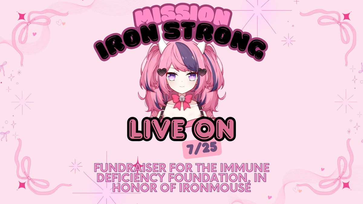 Celestia 🌸🎀【BBB】 (@r0tlia) on Twitter photo 💜 CALLING ALL STREAMERS! 🩷
Introducing "Mission IRON STRONG". On Friday, 7/25/2025, I urge EVERY STREAMER to go live and fundraise towards the Immune Deficiency Foundation in honor of <a href="/ironmouse/">ironmouse🇵🇷😈💖</a> .
Link the fundraiser in your chats. Make dono goals. Go live. Stand with Mousey. 💜 CALLING ALL STREAMERS! 🩷
Introducing "Mission IRON STRONG". On Friday, 7/25/2025, I urge EVERY STREAMER to go live and fundraise towards the Immune Deficiency Foundation in honor of <a href="/ironmouse/">ironmouse🇵🇷😈💖</a> .
Link the fundraiser in your chats. Make dono goals. Go live. Stand with Mousey.
