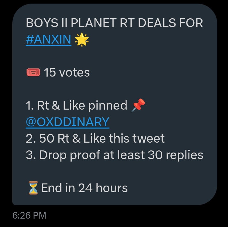 ANXINVOTINGTEAM's tweet photo. BOYS II PLANET RT DEALS FOR #ANXIN 🌟

🎟️ 15 votes

1. Rt &amp; Like pinned 📌
@OXDDINARY
2. 50 Rt &amp; Like this tweet
3. Drop proof at least 30 replies

⏳End in 24 hours https://t.co/7vQtspKSHO