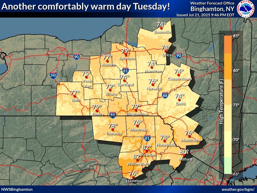 NWSBinghamton's tweet image. Good evening! If you liked today, you'll love tomorrow as well! Outside of a little patchy valley fog early, sunshine will be plentiful and dew points remain nice and low for a comfortably warm day. Highs Tuesday will mostly be in the 70s. 😎☀️ #NYwx #PAwx