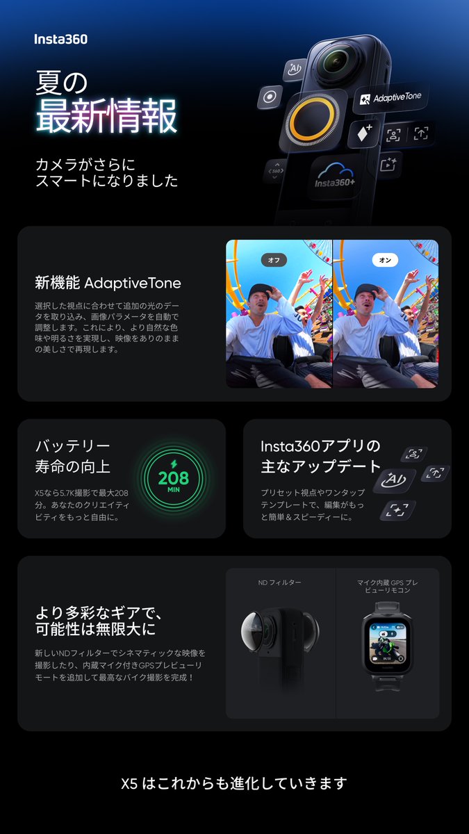 Insta360Japan's tweet image. X5サマーアップデート☀️📸
新しいファームウェアと新アクセサリーの組み合わせで、360度撮影体験をさらにアップグレードしましょう。
いちばん楽しみにしている機能やアクセサリーを、ぜひコメントで教えてください!👇
#Insta360 #インスタ360