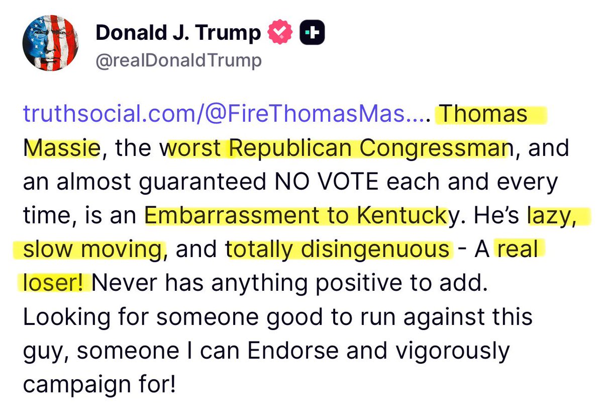 If Trump can threaten to replace <a href="/RepThomasMassie/">Thomas Massie</a>, then we can threaten to replace every member of Congress who won’t stand with Massie on releasing the Epstein documents.

Replace them all.