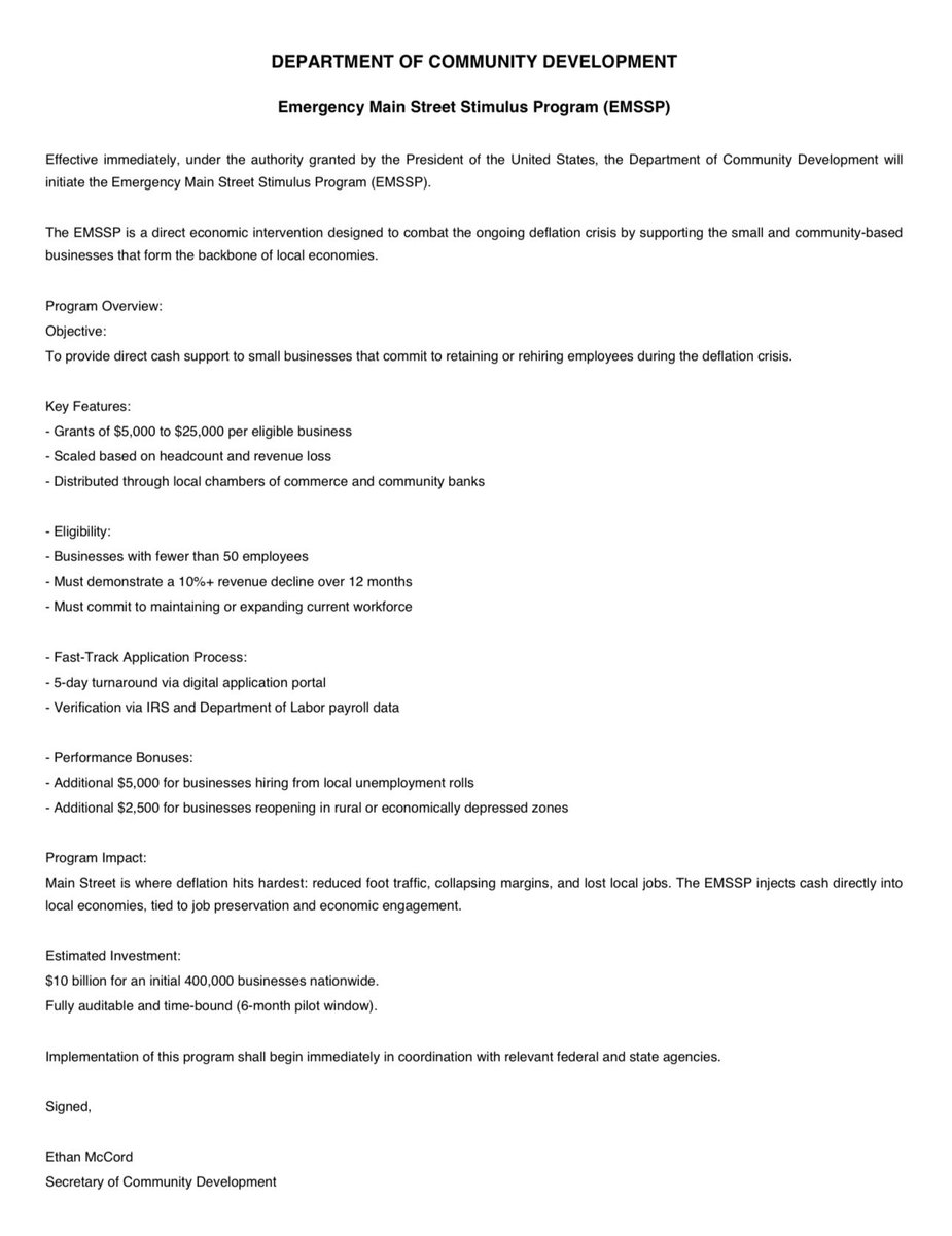 EthanMcCordUSGS's tweet image. The Emergency Main Street Stimulus Program is now live. $10 billion in direct support to local businesses hit hardest by deflation. Jobs saved. Communities stabilized. Growth reignited. Main Street comes first. Let’s rebuild from the ground up.
(@USGSGovSim)