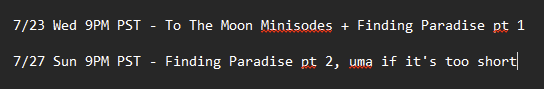 sowon_sub's tweet image. locking in this week to finish comms, but here's the stream schedule! we'll try to finish Finding Paradise this week, then play Impostor Factory the next