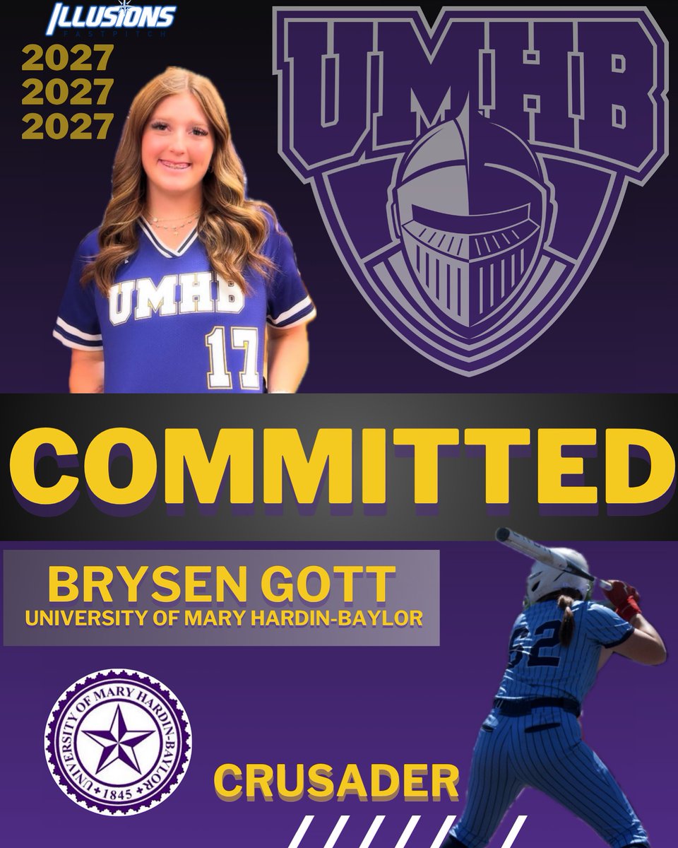 We want to give a big congratulations to Brysen Gott on committing her education &amp; softball career at University of Mary Hardin-Baylor!!💜💛 #LeadTheWay #IllusionsGoldElite #Crusaders