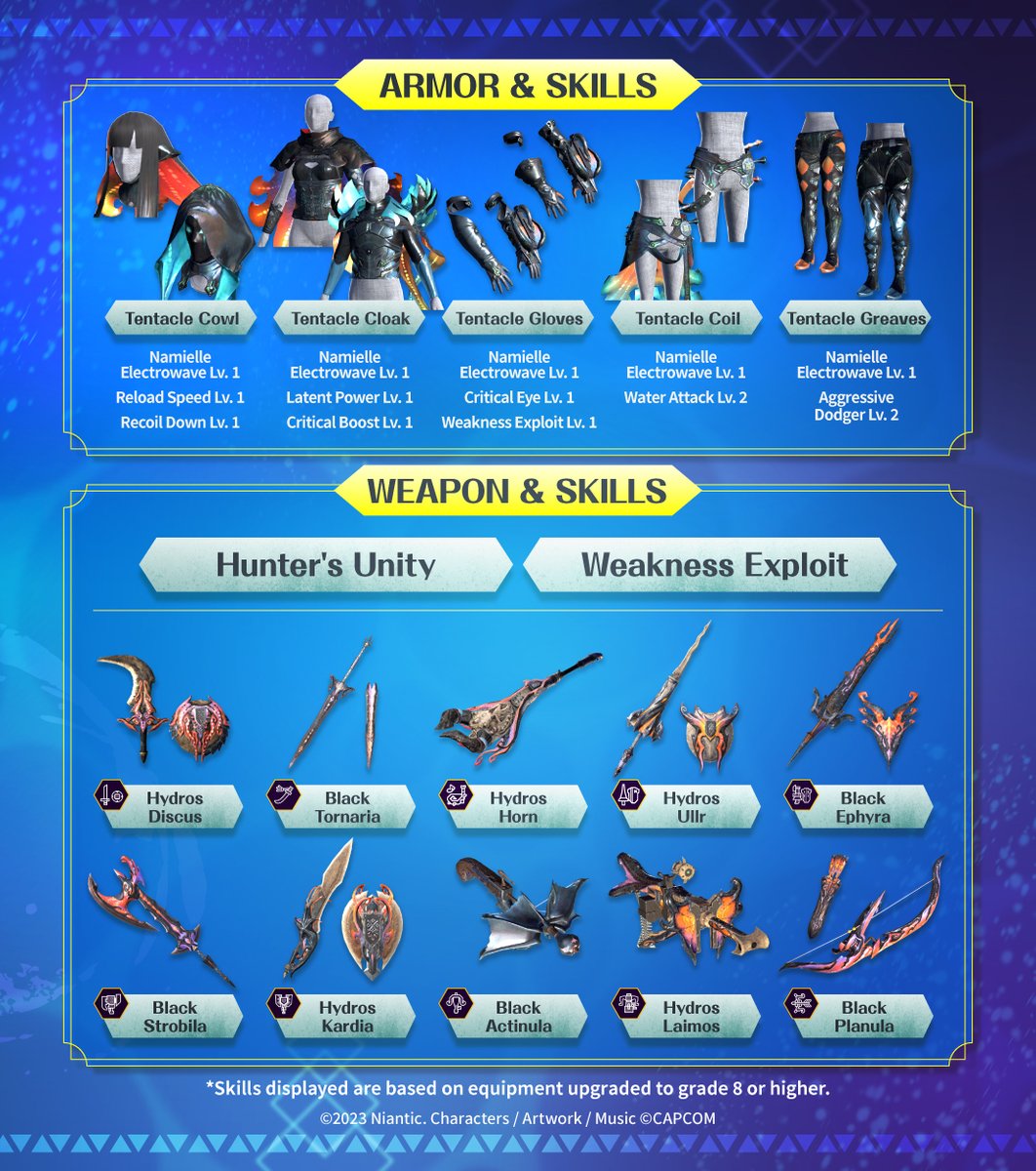 MH_Now_EN's tweet image. MH Now Equipment Spotlight ⚔️
#TentacleSet

10 additional water-element weapons and armor with a brand-new damage-reducing skill are here!

✅ TAP to check out the full skill and equipment details! ✨

#MHNow #monsterhunternow #Namielle