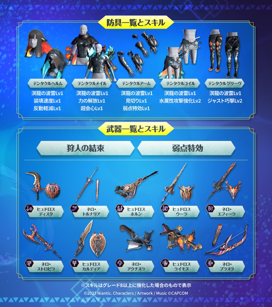 mh_now's tweet photo. ◤￣￣￣￣￣￣￣￣
 MHNow 装備紹介⚔️
#テンタクルシリーズ 
＿＿＿＿＿＿＿＿＿◢

水属性の武器10種と、
ダメージ軽減を有する新スキル 🆕を宿す防具が登場！

✅TAPしてスキルや装備の詳細を確認しよう！✨

#モンハンNow #ネロミェール https://t.co/y6ADXEXsKV