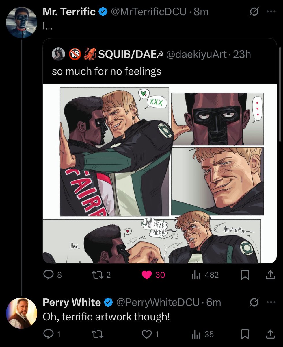 PattyNest's tweet image. I can’t stop laughing these DCU gimmick accounts got a whole “Mr. Terrific dealing with yaoi shipping” arc like the South Park episode