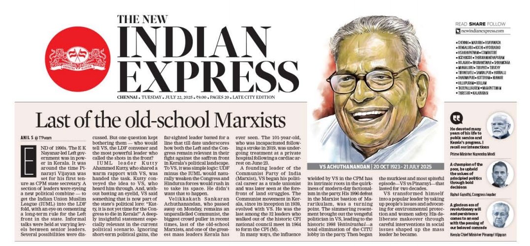 V S #Achuthanandan - 
an unparalleled communist &amp; one of the greatest mass leaders #Kerala has seen, writes Anil S. Was the last amg the 32 leaders who walked out of the historic CPI Natl Council in 1964 to form <a href="/cpimspeak/">CPI (M)</a>
<a href="/NewIndianXpress/">The New Indian Express</a> <a href="/xpresskerala/">TNIE Kerala</a> <a href="/xpresstn/">TNIE Tamil Nadu</a> 
 <a href="/anilsanilan/">anil s anilan</a>
