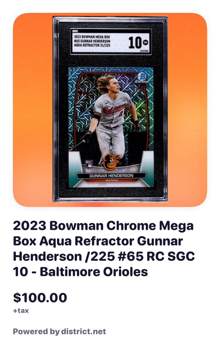 thepointsports1's tweet image. 🔥2023 Bowman Chrome Mega Box Aqua Refractor Gunnar Henderson /225 #65 RC SGC 10 - Baltimore Orioles $100.00
🔥Claim here👉 district.net/product/2023-b…