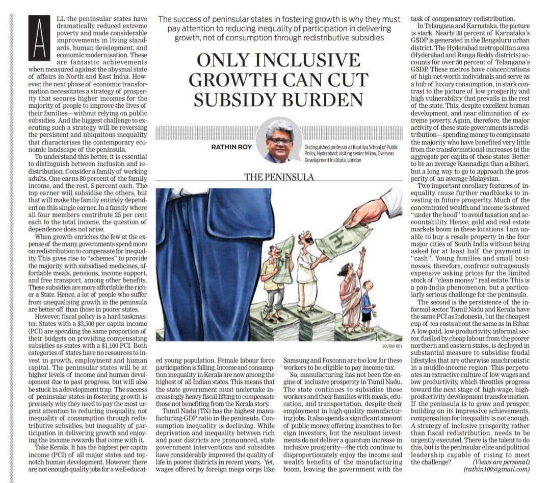 Luthra_Sidharth's tweet image. Why do even the most prosperous Indian states still use subsidies to reach out to an excluded majority? Growth that excludes becomes redistribution that compensates. We not only need higher incomes but wider participation.