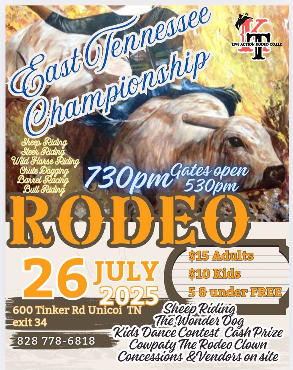 🔶️Live Action Rodeo Co. LLC excited to bring to you the East Tennessee Championship Rodeo!! Saturday JULY 26th. Great  event for the entire family!!!