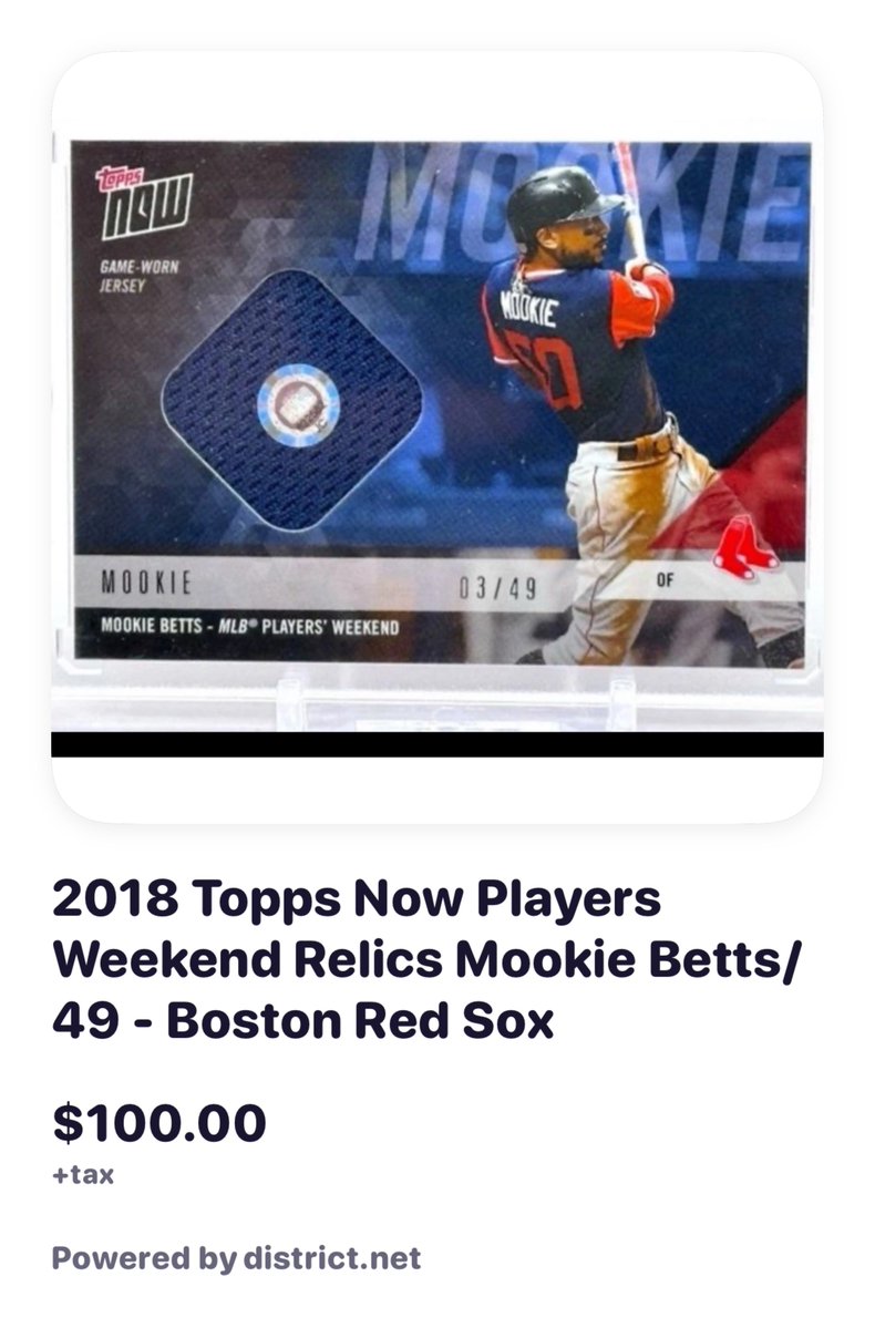 thepointsports1's tweet image. 🔥2018 Topps Now Players Weekend Relics Mookie Betts/49 - Boston Red Sox $100.00
Claim here 👉 district.net/product/2018-t…