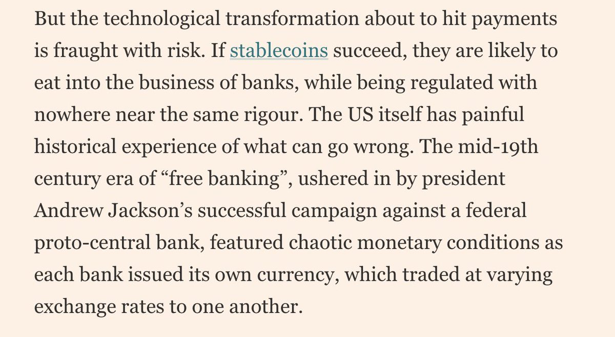 official editorial by the FT. genuinely embarrassing that they mischaracterize free banking so badly, especially as the scottish experience ("true" free banking) was so successful! shameful the FT employs no one who has read monetary history