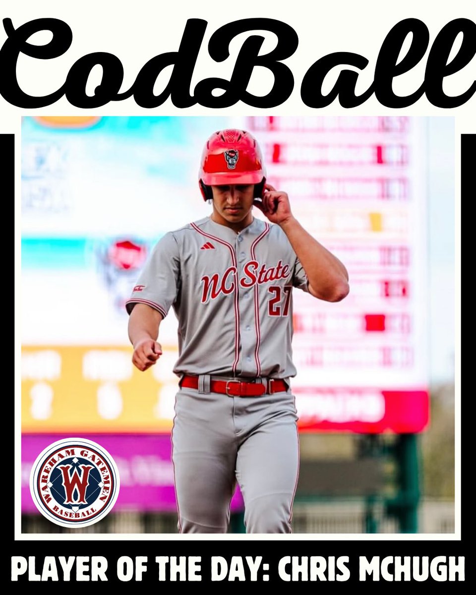 codball's tweet image. The CodBall Player of the Day is Chris McHugh (@NCStateBaseball)
Chris went 2-3 with a double and a home run while also reaching on a HBP, driving in 3 RBI on the day while picking up two runs scored for the @WarehamGatemen
