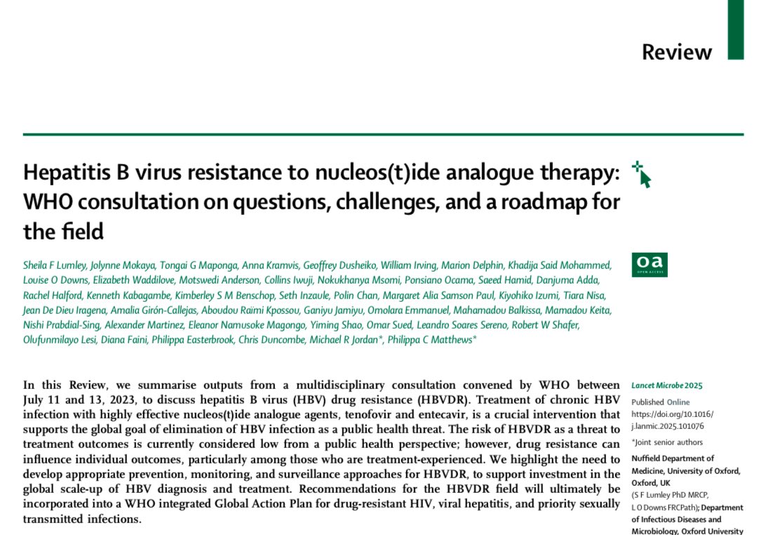 AliSMV7's tweet image. Hepatitis B virus resistance to nucleos(t)ide analogue therapy: WHO consultation on questions, challenges, and a roadmap for the field
doi.org/10.1016/j.lanm…
